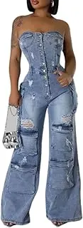 [ksotutm] Denim Jumpsuit for Women Strapless Multi Pockets Wide Leg Loose Baggy Jean Romper Cargo Overalls