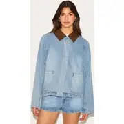 Light Vintage Blue Brown Collar Denim Jacket, Vintage Wash