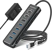 Powered USB Hub, Rosonway 7-Port USB 3.2/USB C Hub with 10Gbps USB-A 3.2, 2 USB-C 3.2, 4 USB 3.0 Ports, Individual Switches and 12V Power Adapter, Aluminum, USB Port Expander for Laptop/PC, RSH-A107C