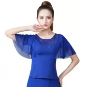 Ladies Summer Thin Flared Short Sleeve Dancewear Shiny Crystal Top Sexy Casual