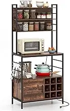 Giantex 170 cm Bakers Rack with Power Outlet, Coffee Bar Cabinet with S-Shaped Hooks & Wine Bottle Holders, Heavy-Duty Metal Frame, Microwave Stand with Storage Cabinet for Kitchens (Rustic Brown)