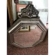 Vintage 1970's Pewter Octagon Mirror With Elaborate Embellishment On The Crown