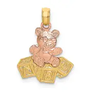 14K Two-Tone Teddy Bear W/ Abc Blocks Charm