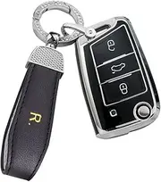 ontto Car Key fob Cover Fit for VW Golf 7 MK7 Polo T-ROC Tiguan Skoda Superb Octavia Seat Leon Ibiza Flip Key case TPU Smart Key Holder Shell Key Bag Keychain Keyring Protective Accessories Black