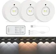 Mapille Pack of 3 Cabinet Lighting with Remote Control, USB Rechargeable RGB Dimmable Under-Unit Light, Wireless Round Showcase Lighting LED, LED Spot Battery, Kitchen Cabinet Light, Adhesive Lighting