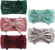 LERTREE 5 Pcs/Set Baby Girls Bow Headband Pleuche Velvet Stretchy Elastic Bow Knotted Turban Toddler Infant Hair Bands Headdress