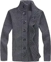 [SWJGLITTR] Men's Knitted Cardigan Jacket Slim Fit Stand Collar Pockets Cardigan Men Casual Button Up Cable Knitted Sweater