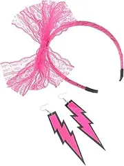 [VALICLUD] Retro Neon Lace Bow Headband and Hook Earrings Set Elegant Neon Hair Accessories for Women for Dance Parties Themed Events and Prom Celebrations