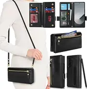 [SunYoo] for Samsung Galaxy Z Fold6 Wallet Case for Women,for Galaxy Z Fold 6 ZFold6 Case with Strap Crossbody Lanyard,Leather Shockproof Card Holder Stand Zipper Pocket Flip Phone Case Black