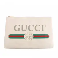 在飛比找誠品線上優惠-【GUCCI 古馳】小牛皮復古綠紅綠LOGO手拿包(白色)/