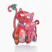 Mother Cat with Kitten Brooch Whimsy Red & Pink Enamel