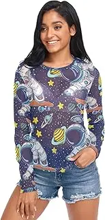 [RPLIFE] Cartoon Astronaut Skateboarding Blue Mesh Top Women, Long Sleeve Sequin Tops for Women Party S-XXL