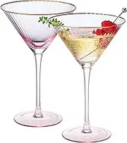 Vintage Blush Pink Gold Rim Colored Martini Glasses | Set of 2 | Love & Gift, Friend, Mom, 10 OZ Ribbed Ripple Cocktail Glassware For Cosmopolitan, Champagne - Classic Coupes Gilded Stemmed