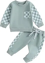 [XIXIMAON] Baby Boy Spring Fall Tracksuit Outfit Long Sleeve Contrast Color Pullover Stretch Jogger Pants 2pcs Newborn Checkerboard Sweatsuit Sets, Green, 12-18 Months