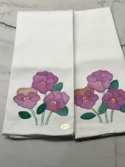 Two VTG Fingertip Guest Hand Towels Embroidered Flowers Purple 100% Cotton NEW