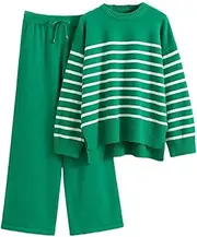 [HEYDHSDC] Women Two Pieces Sets Knit Tracksuits Striped Oversized Sweater + Drawstring Wide Leg Pants Suits