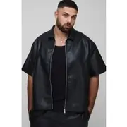 Mens Black Plus Tumbled PU Half Sleeve Overshirt