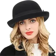 [XuoAz] Black Wool Bowler Derby Hat Short Rolled Brim Fedora Hat for Men Women(S/M)