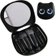 2 Makeup Brush Set, Cosmetic Travel Kit, Portable Beauty Tools, 6 Brushes with Cat Mirror Box for Blending Shaping Contouring, Compact Case for Daily Commuting Travel Gift Women, Black, Se référer au