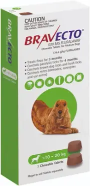BRAVECTO MEDIUM GREEN DOG 500MG >10-20KG (2PK)