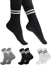 [LungDongQuest] Yoga Pilates Sock For Women,Non Slip Socks for Home Bedroom,Ballet,Dance,Gym Workout Anti Skid Crew Socks, Black+Grey+White(3 Pairs)