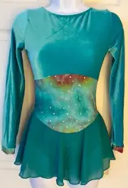 GK ICE FIGURE SKATE ADULT SMALL LgSLV JADE VELVET SERPENTINE TIE-DYE DRESS Sz AS