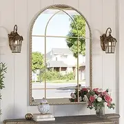 Wiserset Arched Gold Antique Mirror, 24" x 36" Arch Window Mirror with Beaded Metal Frame, Vintage Gold Arch Mirror, Decorative Wall Mirror for Living Room, Courtyard, Bedroom, Entryway