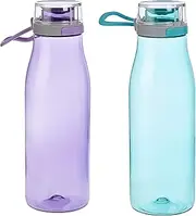 Amazon Basics Tritan Water Bottle with Action Lid – 680mL, 2-Pack, Blue and Purple, 100% BPA-Free
