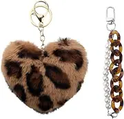 [YALLNASL] Leopard Heart Accessories Y2k Pearl Keychain for Purse Handbag Leopard Print Keychains for Women Girls Vintage Fuzzy Heart Keychain for Keys Purse Charms for Wallet Handbags Bead Chain Keychain 2 Pcs
