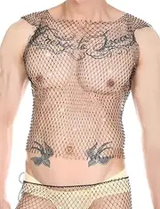 [AIEOE] Rhinestone Fishnet Vest for Men Sparkly Hollow Out Tank Top Stretch Muscle Rave Vest Nightclub Top