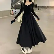 Long-Sleeve Plain Midi A-Line Dress Black - L