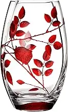 RUBY RED Forever Rose LEAF Tendril Design Classic Round Glass Flower Vase - Mouth Blown/Hand Decorated Glass - Ideal Ruby Wedding/40th Wedding 20 cm