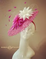 Aimee Fuller Kentucky Derby Del Mar Fascinator Hat Hot Pink Fuchsia Cream Ivory