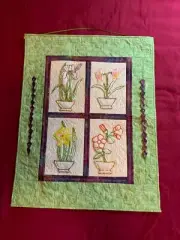 SMALL QUILTED WALLHANGING With 4 BLOCKS OF HAND-BEADED FLOWERS