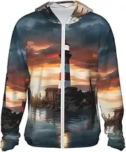 [LHBWCVN] UPF 50+ Light Jacket Full Zip Sun Protection Hoodie for Women Men Long Sleeve Seaside Lighthouse Sun Shirts