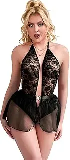 [sunshinelady] Babydoll Lingerie for Women Floral Lace Teddy Bodysuit Halter V Neck Mini Dress Backless Nightwear Mesh Ladies Nightdress Chemise Sleepwear UK 10-18