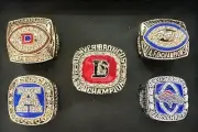 Denver Broncos 5x AFC Championship ring set in wooden display box