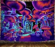 Mushroom Wall Tapestry Black Light Art 36” 54”