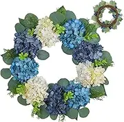 Spring Wreaths for Front Door, 16" Lifelike Hydrangea Floral Wreath with Green Leaves, Hanging Summer Blue and White Door Wreath for Home Wall Window Decor, Floral Wreath, Door Wreath