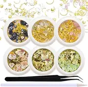 [SILPECWEE] 6 Boxes 3d Nail Art Decoration Set Cat Eye Stones Shell Flower Metal Nail Studs Manicure Jewelry With 1Pc Tweezers And Picker Pencil