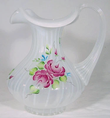 Fenton French Opalescent Optic Pitcher Vase H-P Cottage Roses Large NOS MIB