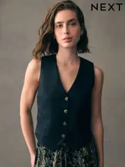 Black Button Through Waistcoat With Linen (AF6142) | $53