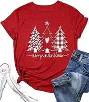 [Juxctpy] Christmas Shirts for Women Merry and Bright Shirt Christmas Tree T-Shirt Short Sleeve Xmas Holiday Tee Top