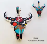 AMAZING CELESTIAL TURQUOISE MULTICOLOR SPINY INLAY .925 SILVER BUFFALO PENDANT