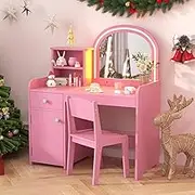 INFANS Kids Vanity, Princess Makeup Desk and Chair Set with Lights Mirror Drawer Storage Shelves, Wooden Dressing Table, Pretend Play Vanity Set for Toddler Girls (Pink with Light)