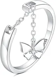 [OIDIMS] Lovely Dangle Butterfly Open Statement Ring S925 Sterling Silver Cz Crystal Adjustable Tassel Link Chain Band Dangling Charm Wedding Promise Stacking Rings Cute Jewelry Gifts for Women Girlfriend,