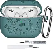 Flower Engraved Case for AirPods Pro 2nd Generation Case Cover - 3 in 1 Cute Two-Tone Floral Flower Soft Silicone Cover for AirPods Pro Case Cleaner Kit for Women Gift Gift PineGreen
