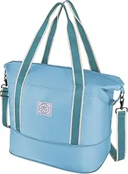 WALNEW Travel Duffle Bag, Carry On Bag for Women Men, Foldable Overnight Weekender Duffel Bags, Large Gym Tote Bag with Metal Buckle Detachable Shoulder Strap and Wet Compartment, Light Blue
