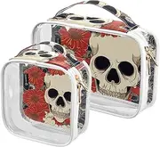 2 Pack Skull Flower Red Pattern clear decorative hanging toiletry bag TSA approved transparent makeup travel bag Airport Airline Compliant Bolsa de maquillaje, Skull flower red pattern, 1