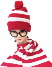 Red White Stripe Wheres Waldo Beanie Hat Scarf & Glasses Costume | Adults Kids